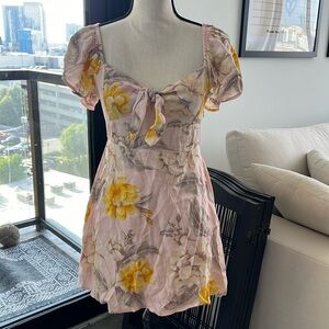Forever 21 Light Pink and Yellow Floral Short Sleeve Mini Dress | Women’s Medium
